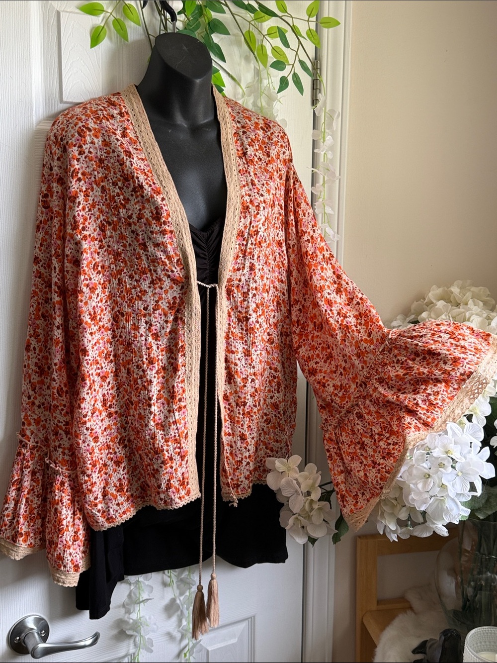 Nalini Kimono Blouse Open Front Tie Floral Bell Sleeve O/S Boho Orange/Pin